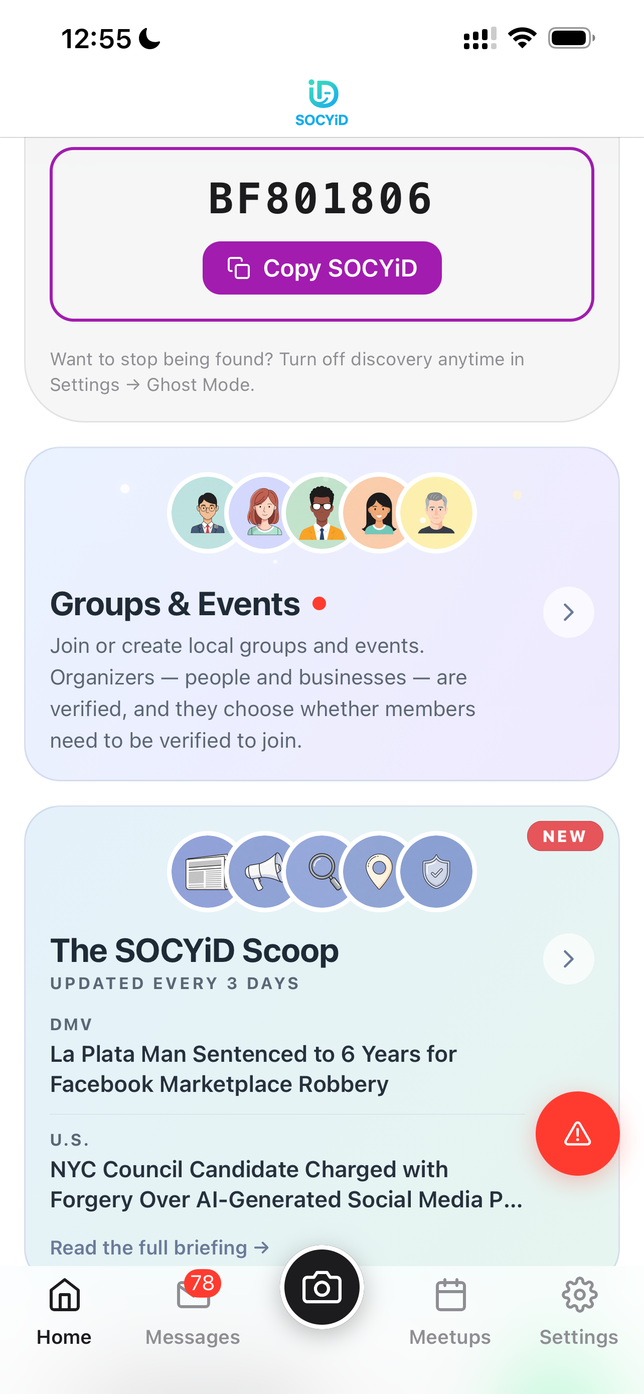 SOCYiD home screen showing your SOCYiD code, Groups & Events and the SOCYiD Scoop