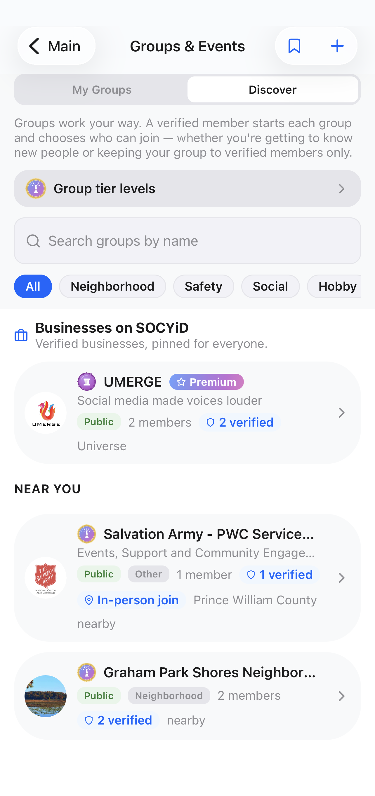 Groups & Events Discover tab with verified businesses and groups near you