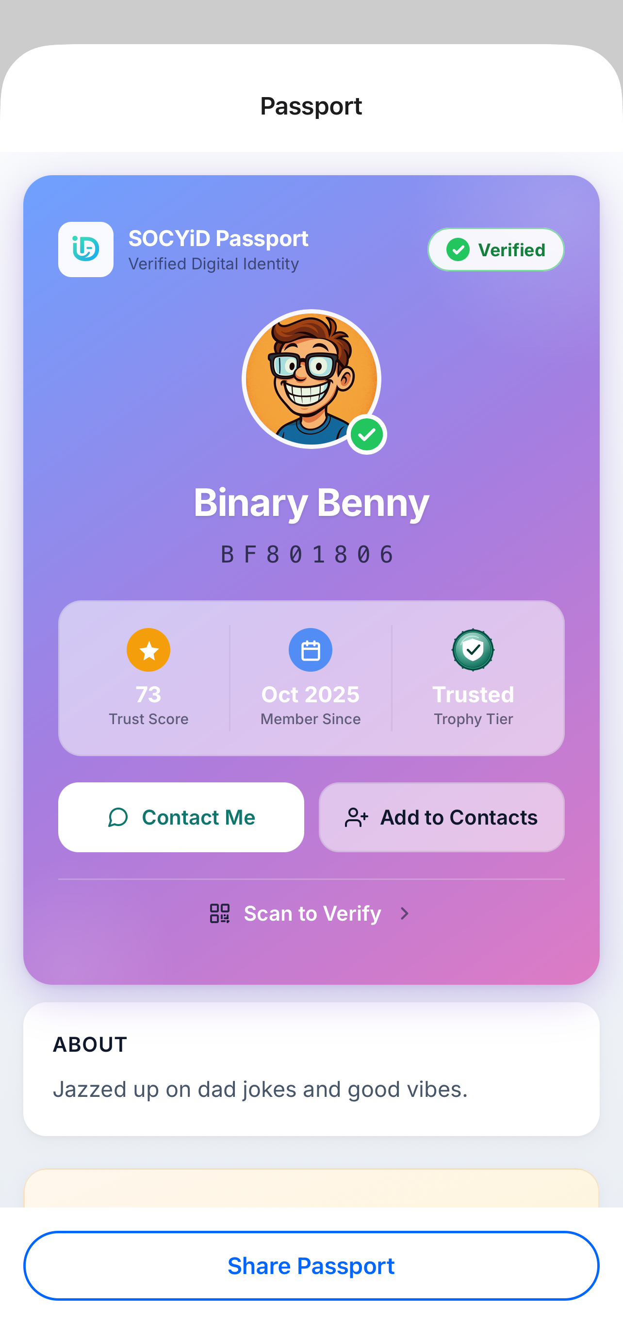 SOCYiD Passport with trust score, member since and trophy tier