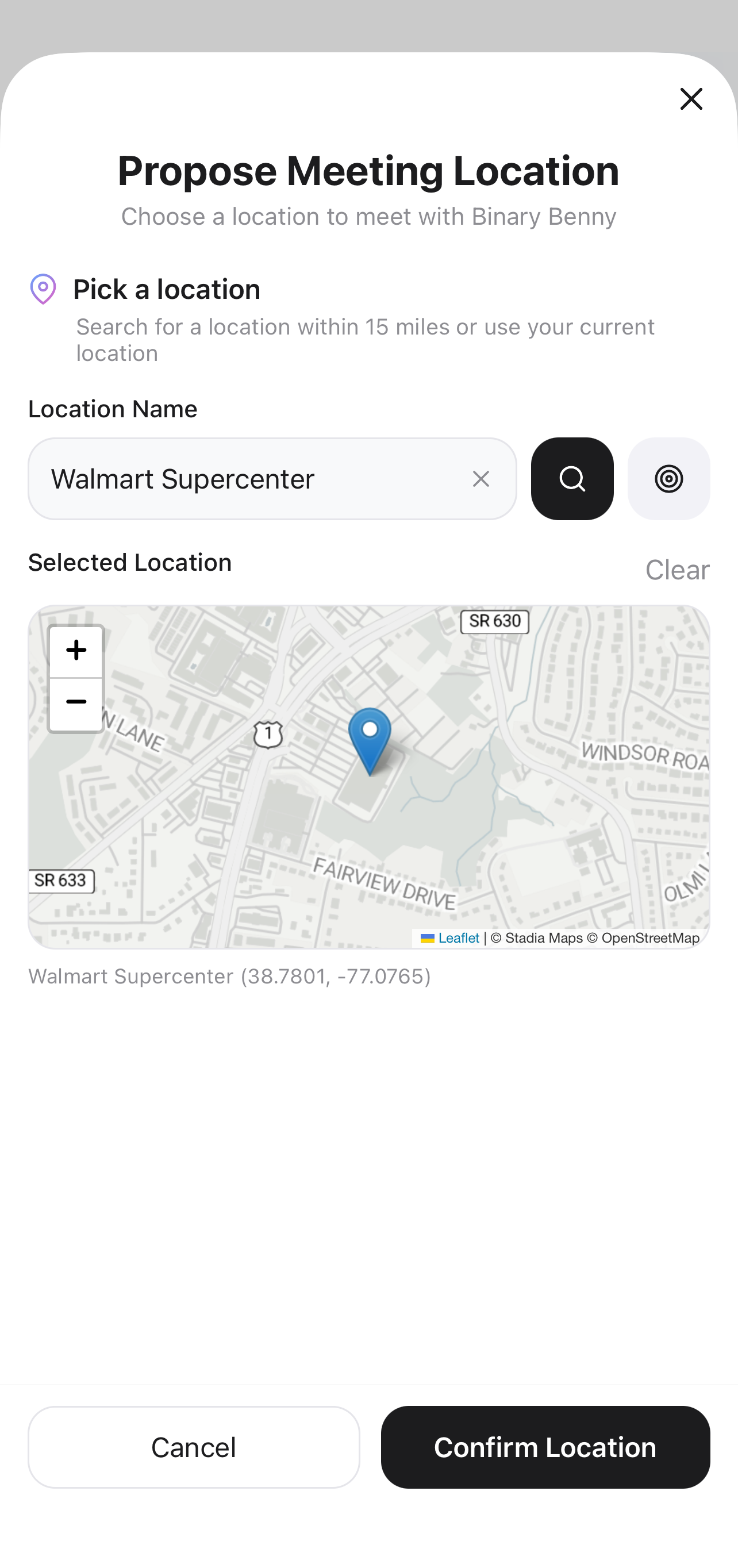 Propose Meeting Location screen with the chosen spot pinned on the map