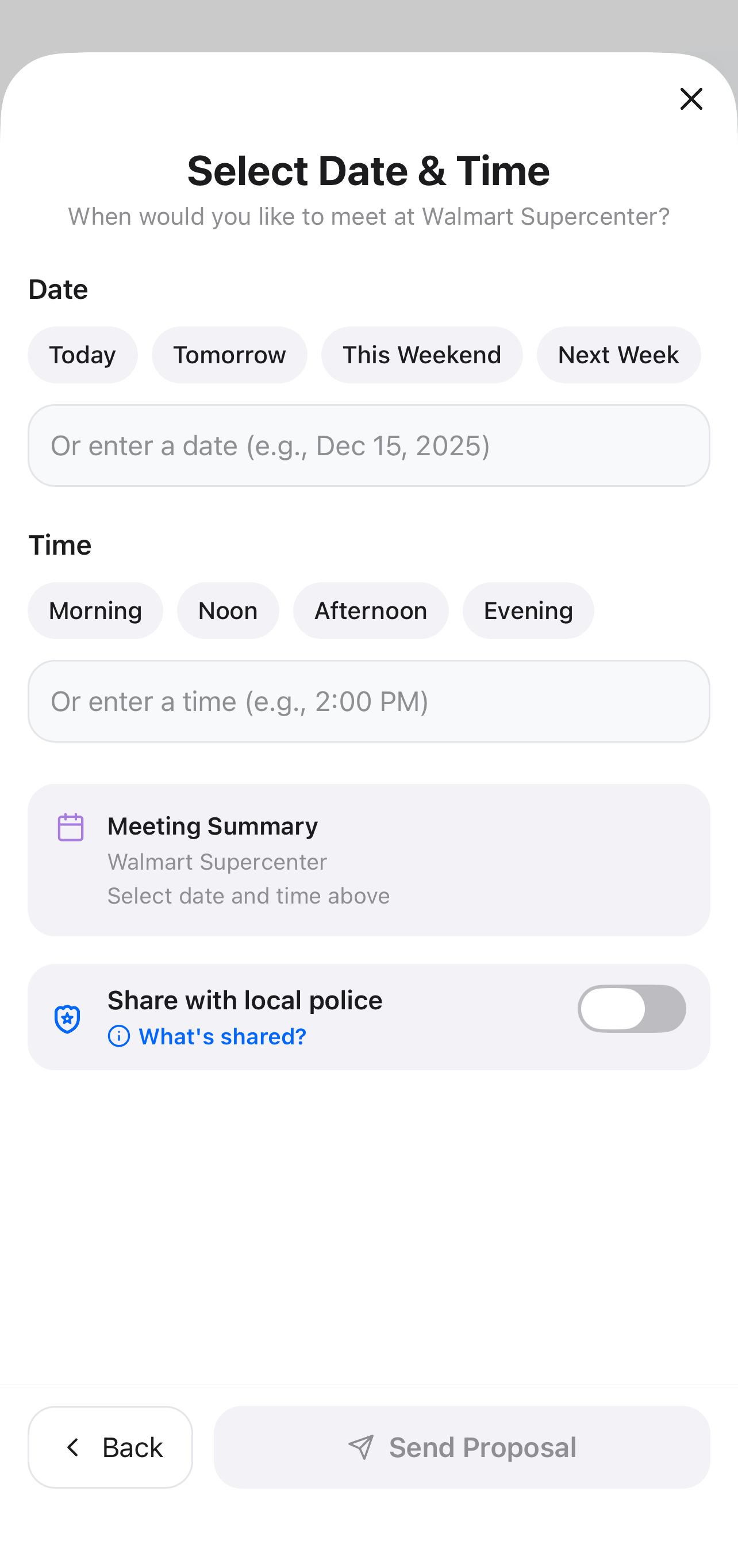 Select Date & Time screen with date and time choices and Send Proposal