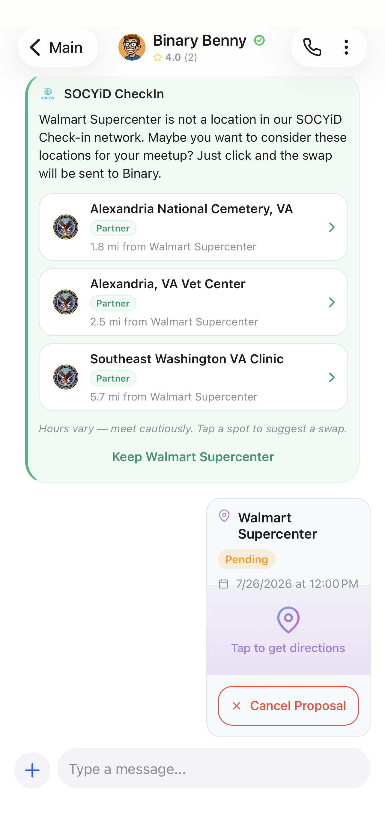 Chat with the pending meetup proposal card and SOCYiD CheckIn suggesting nearby partner locations