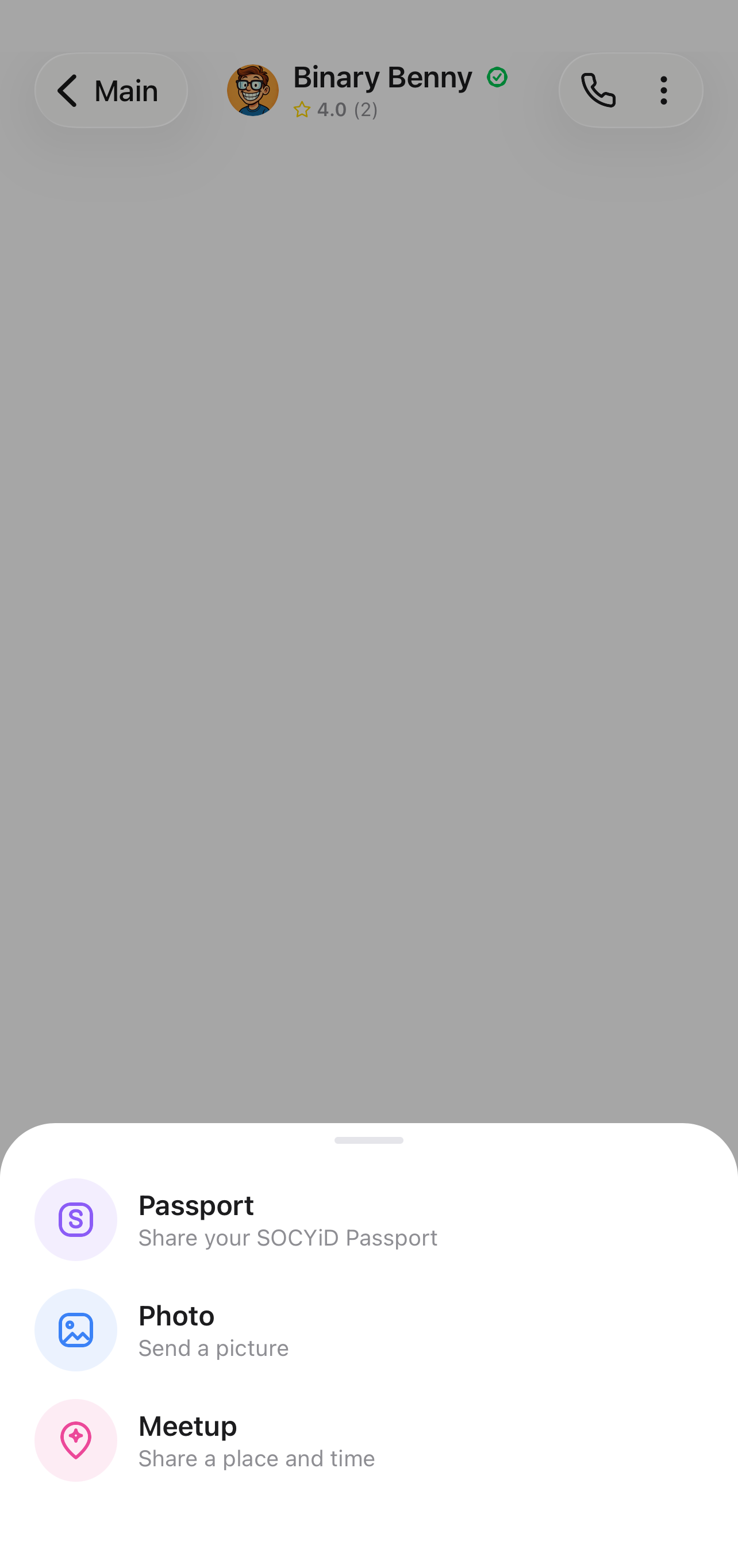 Chat attach sheet with Passport, Photo and Meetup options