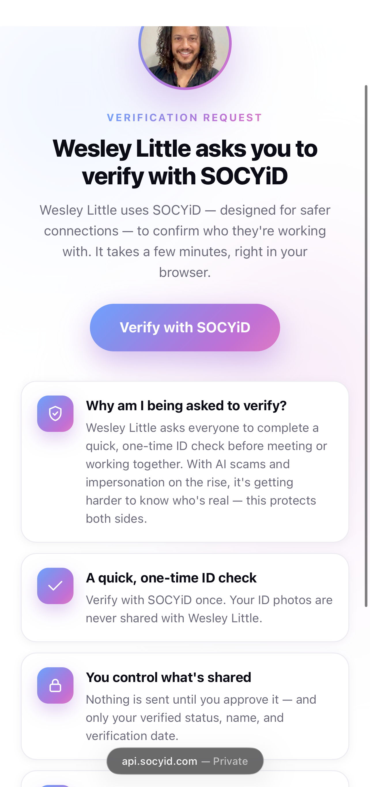 The verification request page explaining the one-time ID check in the browser