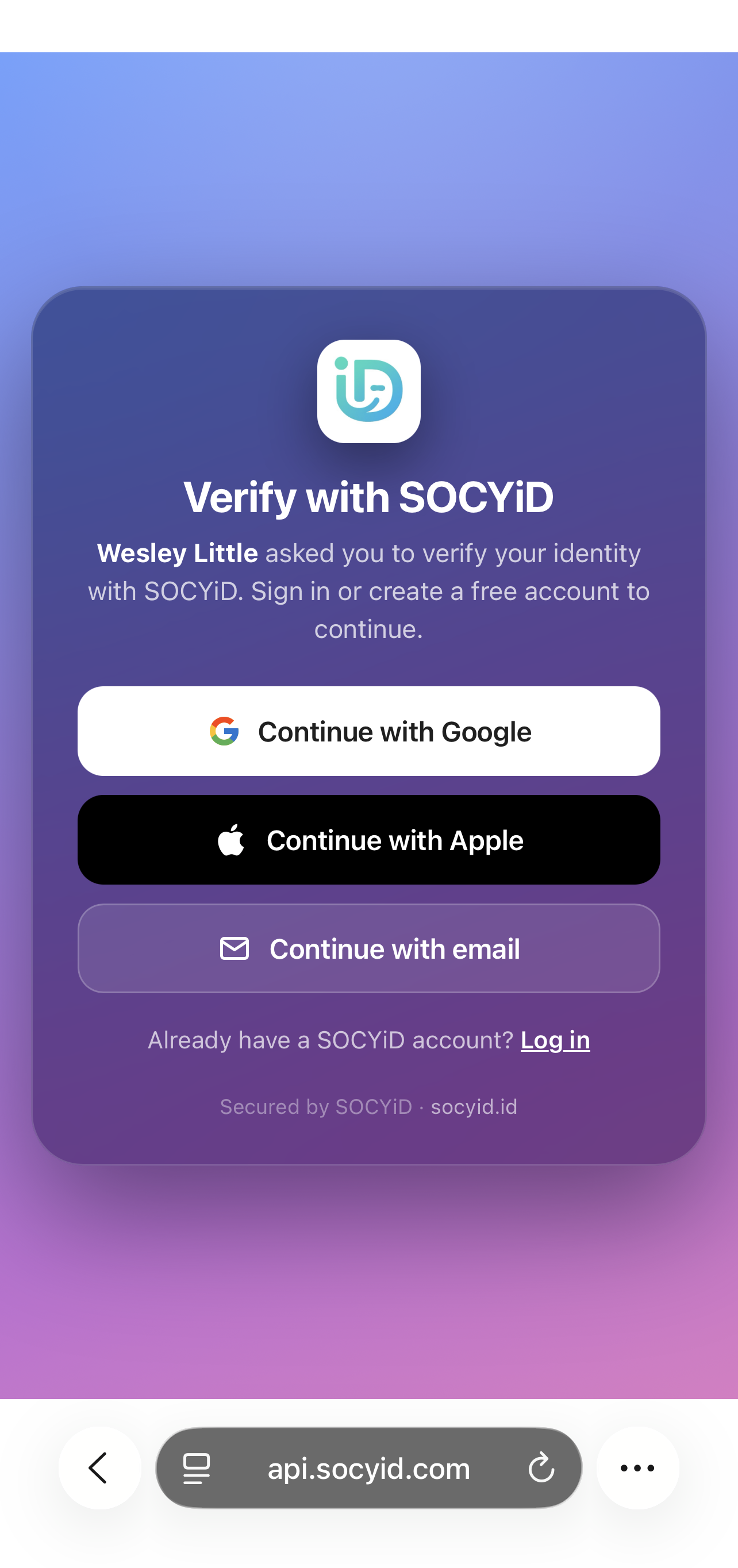 The Verify with SOCYiD sign-in screen with Google, Apple and email options