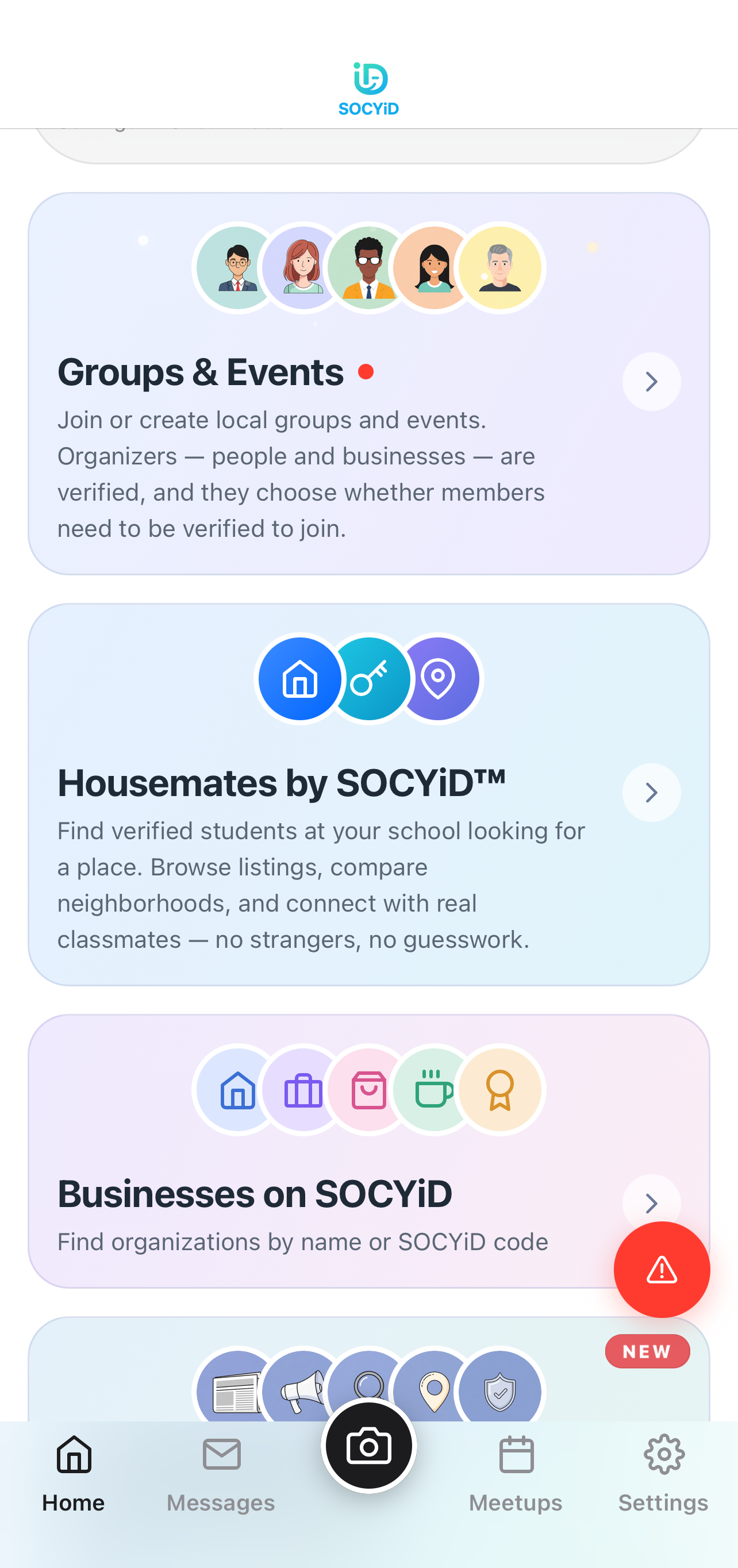 SOCYiD Home screen with Groups & Events and Housemates by SOCYiD cards